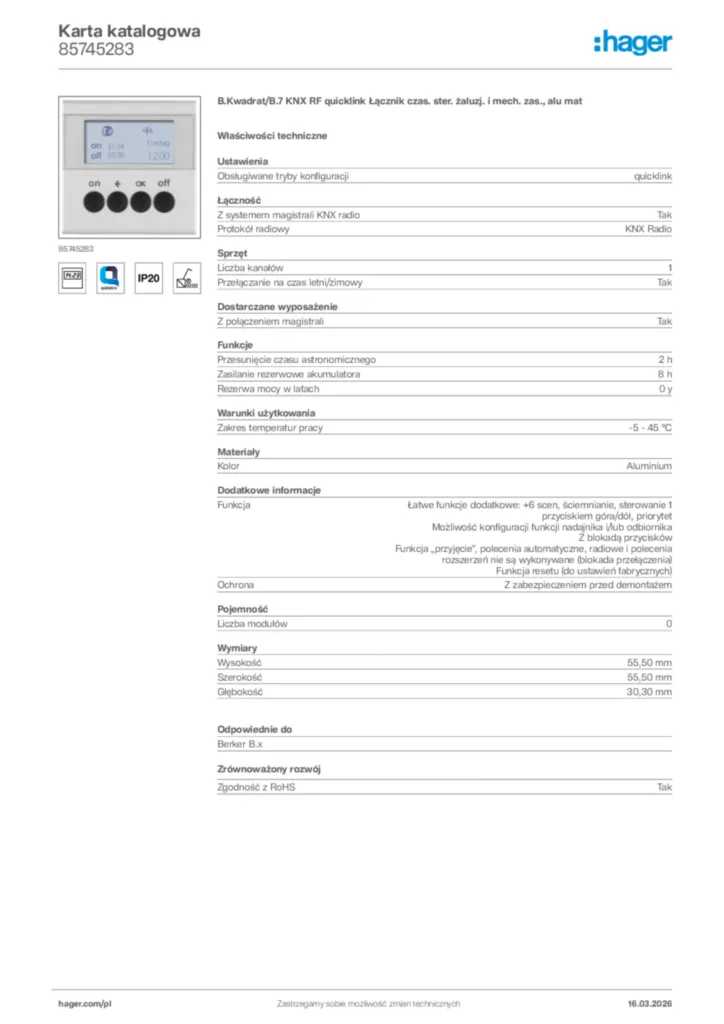 Zdjęcie Hager Karta katalogowa 85745283 | Hager Polska