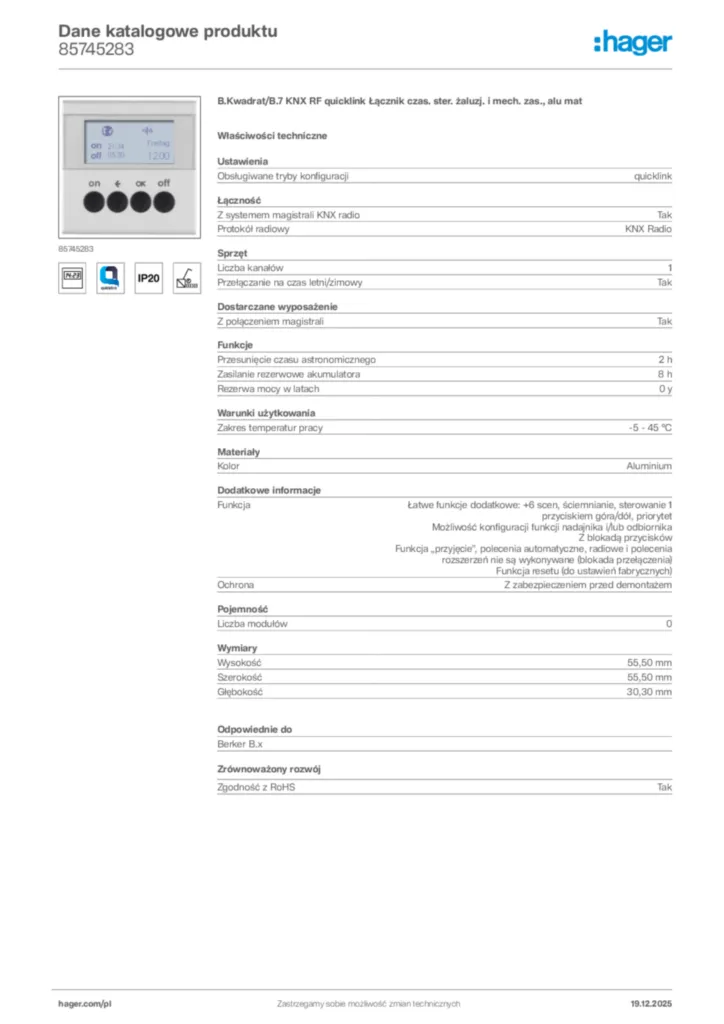 Zdjęcie Hager Karta katalogowa 85745283 | Hager Polska