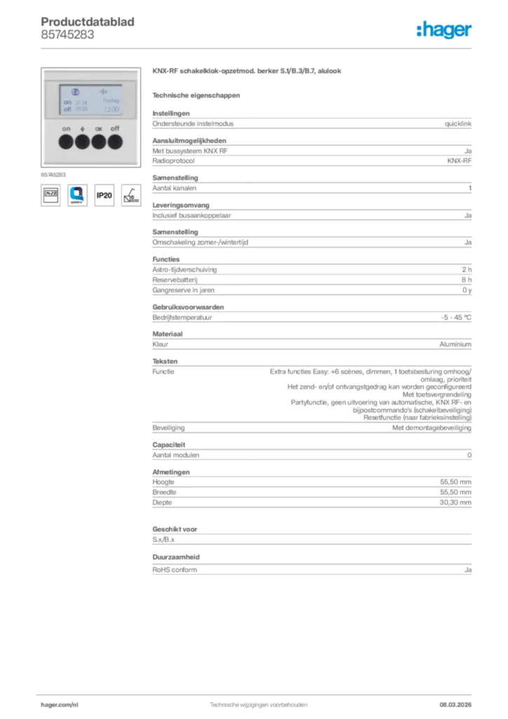 Afbeelding Hager Productdatablad 85745283 | Hager Nederland