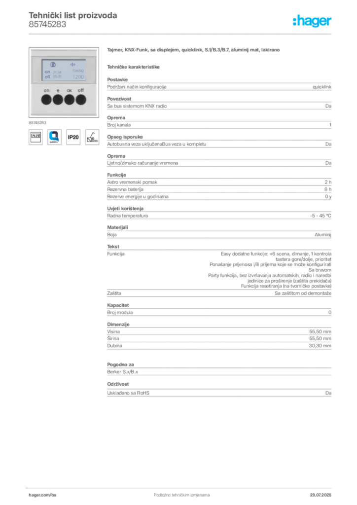 Slika Hager Product data sheet 85745283  | Hager