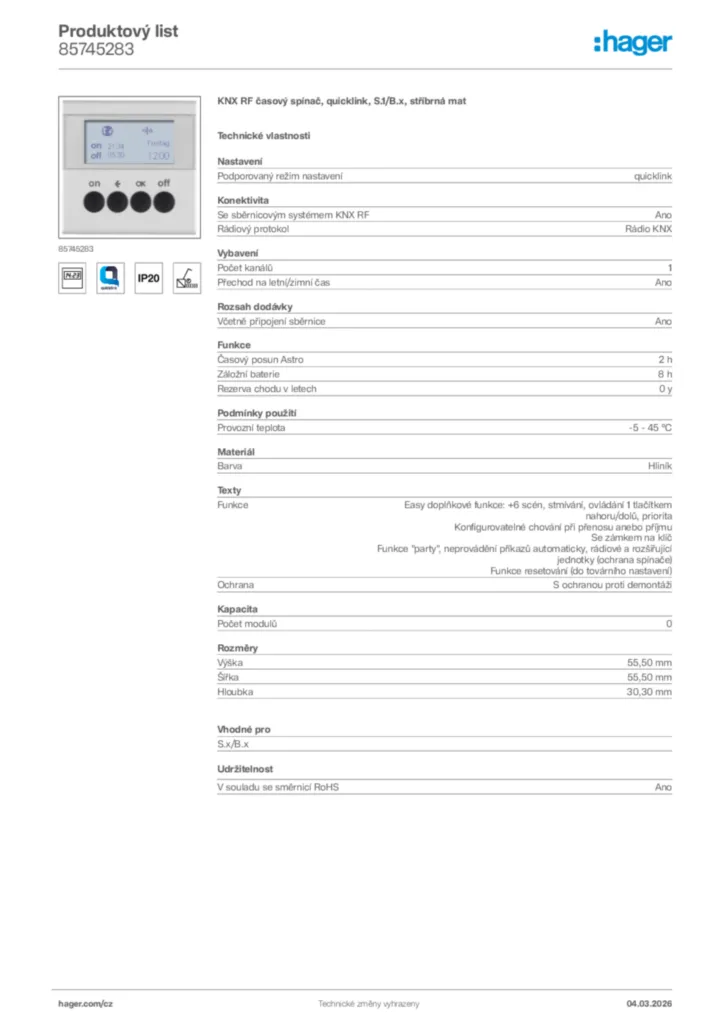Obrázek Hager Product data sheet 85745283 | Hager
