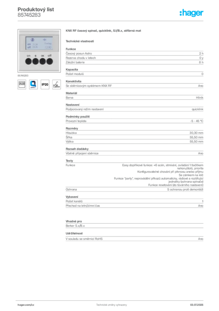 Obrázek Hager Produktový list 85745283 | Hager
