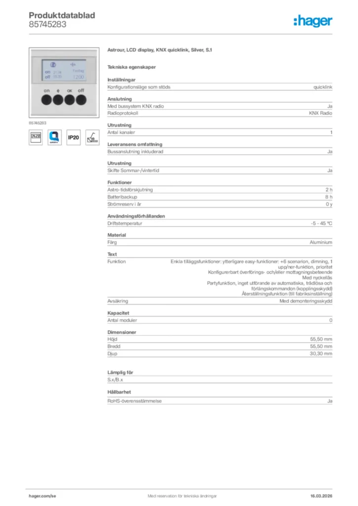 Bild Hager Produktdatablad 85745283 | Hager Sverige
