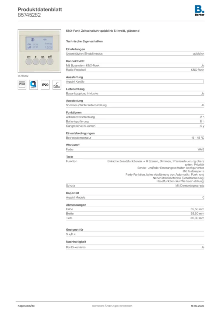 Bild Berker Produktdatenblatt 85745282 | Hager Deutschland