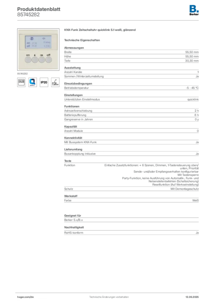 Bild Berker Produktdatenblatt 85745282 | Hager Deutschland