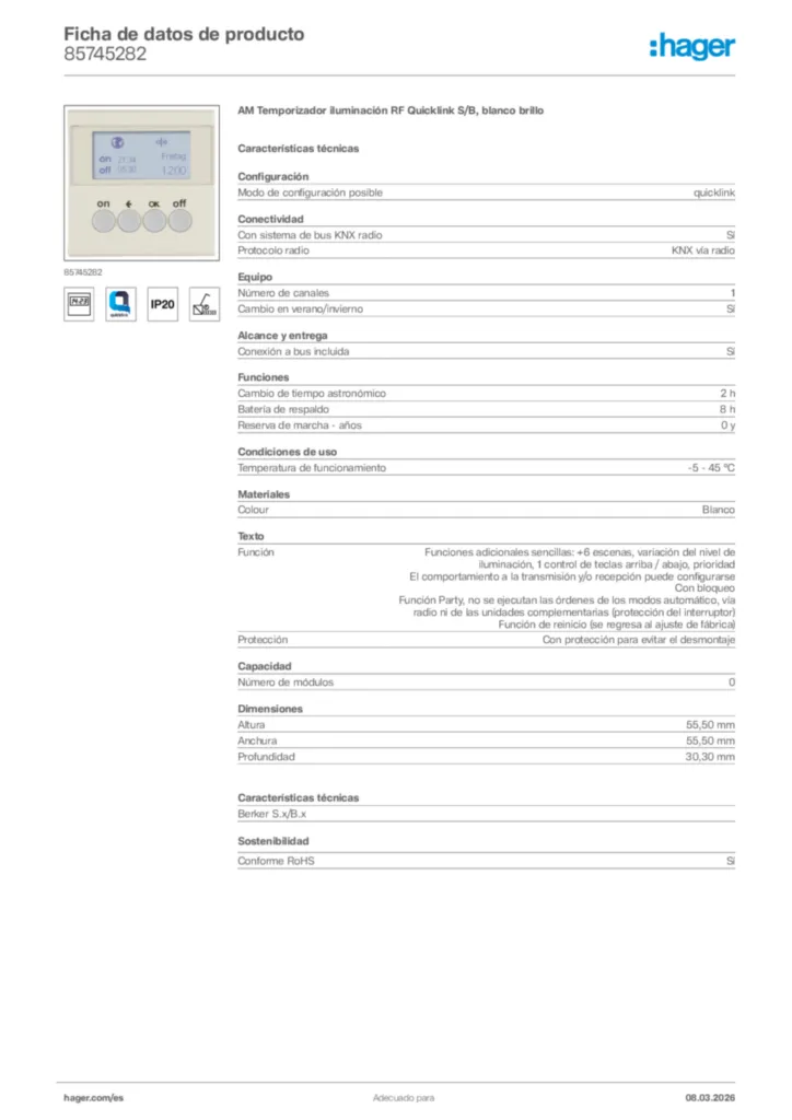 Imagen Hager Ficha de datos de producto 85745282 | Hager España