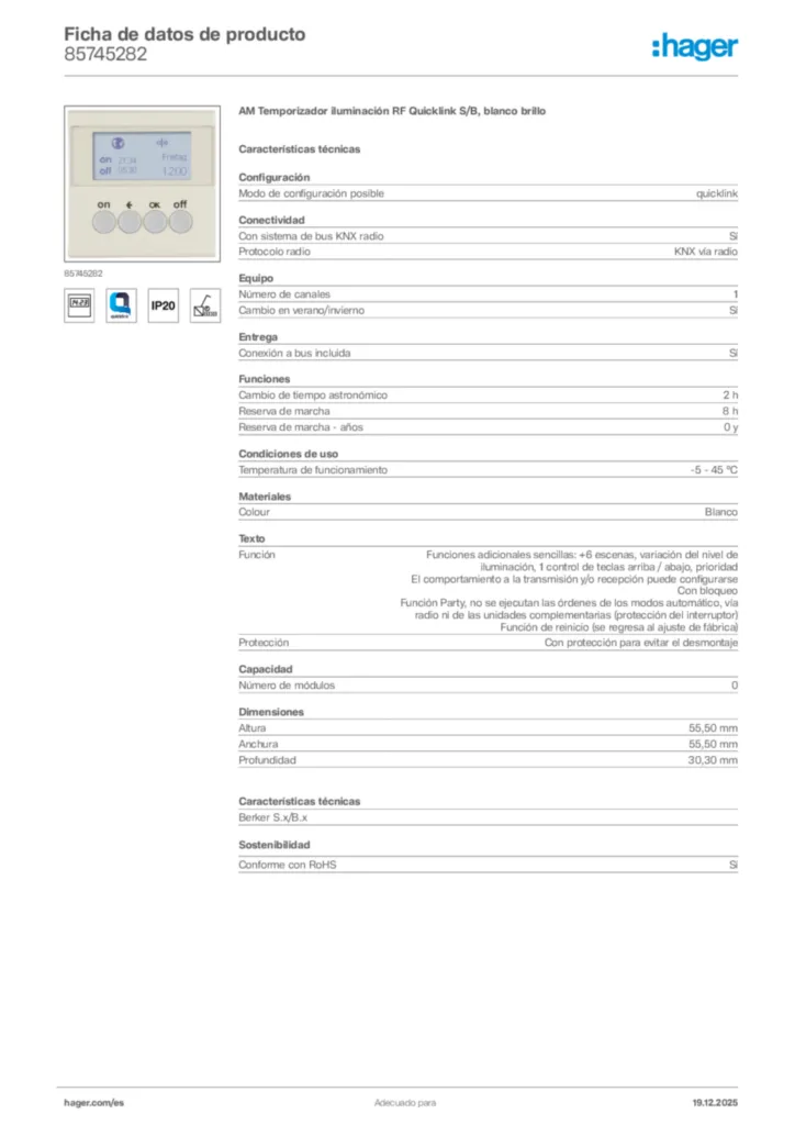 Imagen Hager Ficha de datos de producto 85745282 | Hager España