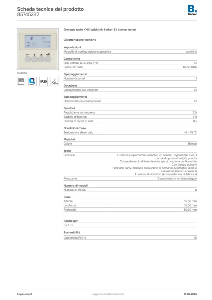 Immagine Berker Scheda tecnica del prodotto 85745282 | Hager Italia