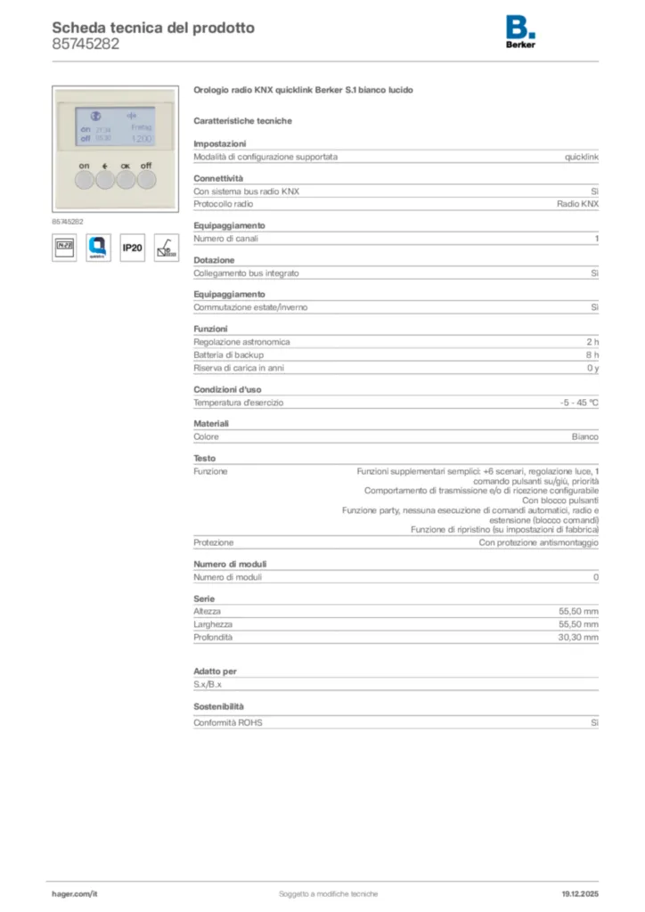 Immagine Berker Scheda tecnica del prodotto 85745282 | Hager Italia