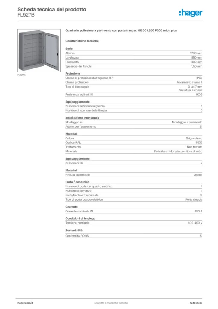 Immagine Hager Scheda tecnica del prodotto FL527B | Hager Italia