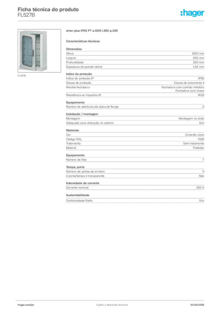 Imagem Hager Ficha técnica do produto FL527B | Hager Portugal