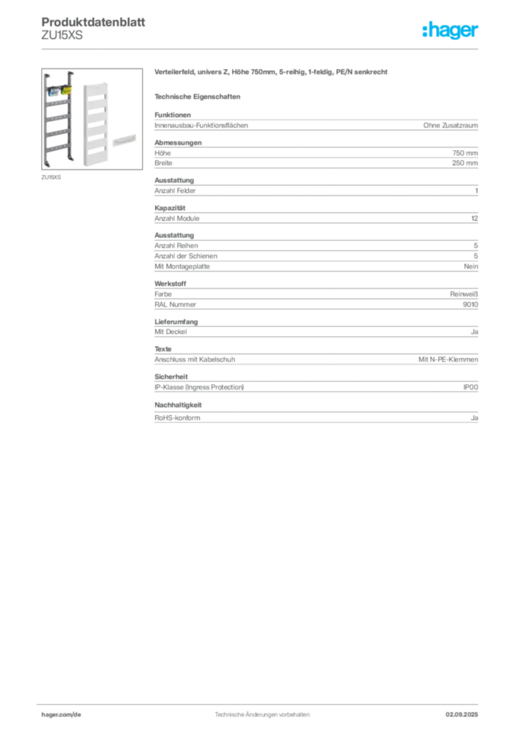 Bild Hager Produktdatenblatt ZU15XS | Hager Deutschland