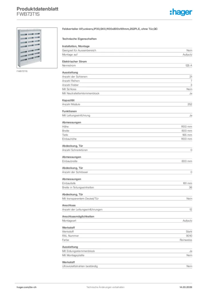 Bild Hager Produktdatenblatt FWB73T1S | Hager Schweiz