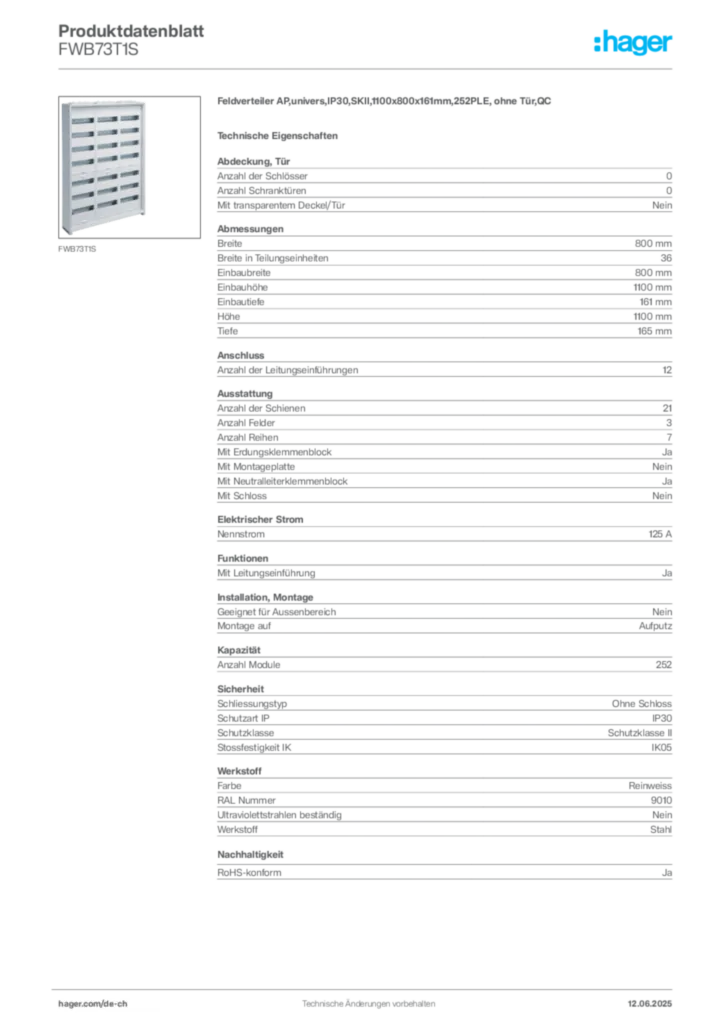 Bild Hager Produktdatenblatt FWB73T1S | Hager Schweiz