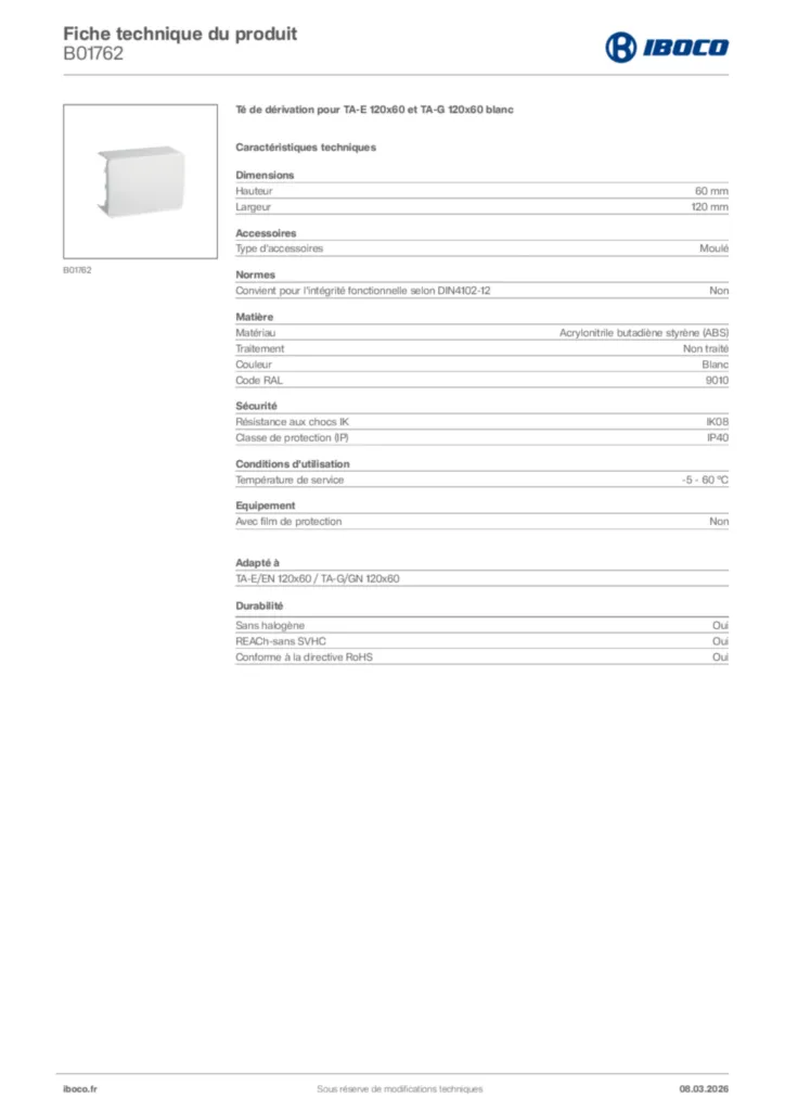 Image Iboco Fiche technique du produit B01762 | Hager France