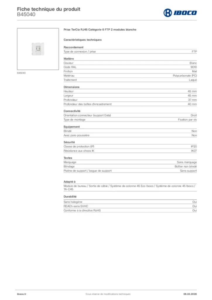 Image Iboco Fiche technique du produit B45040 | Hager France