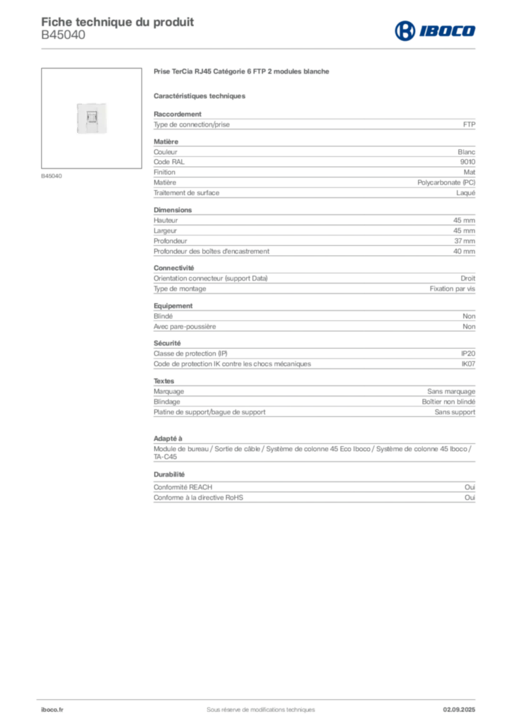 Image Iboco Fiche technique du produit B45040 | Hager France