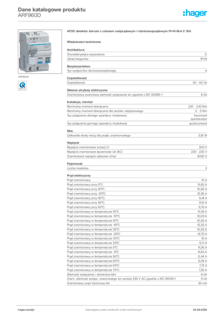 Zdjęcie Hager Karta katalogowa ARF960D | Hager Polska