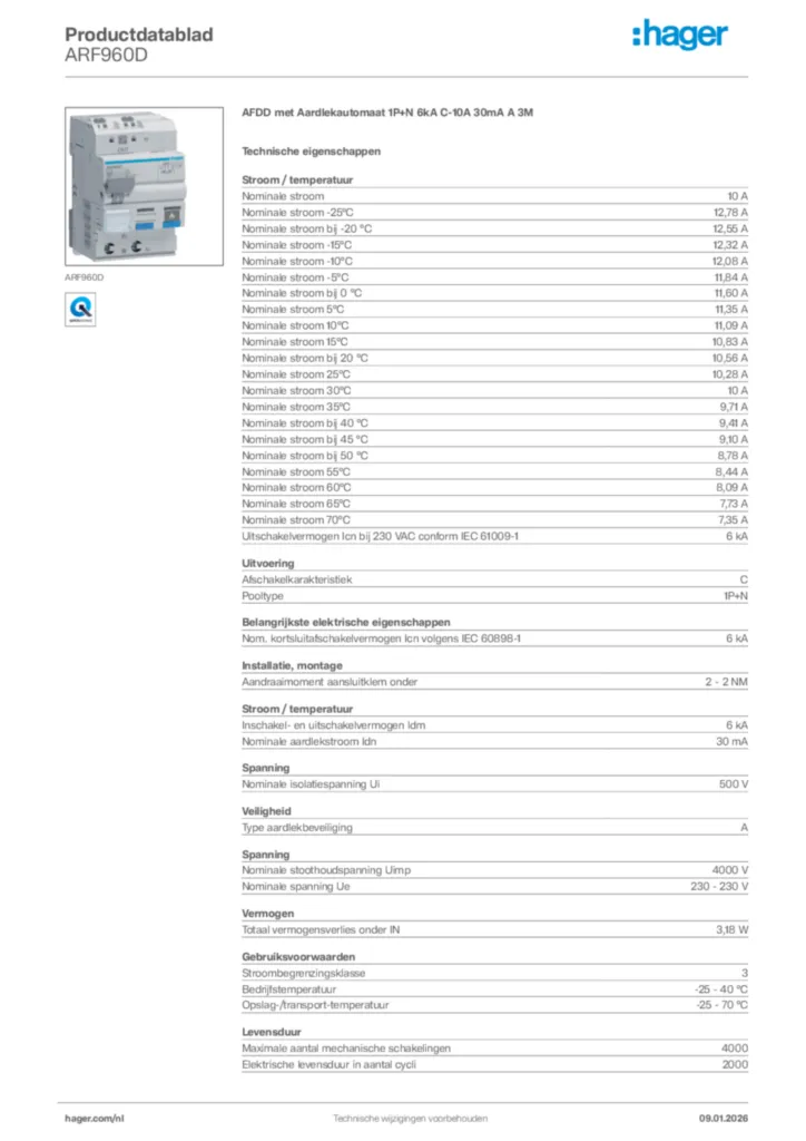 Afbeelding Hager Productdatablad ARF960D | Hager Nederland