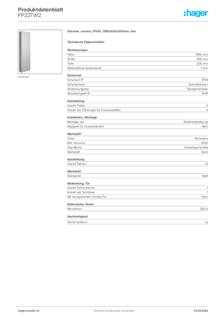 Bild Hager Produktdatenblatt FP22TW2 | Hager Schweiz