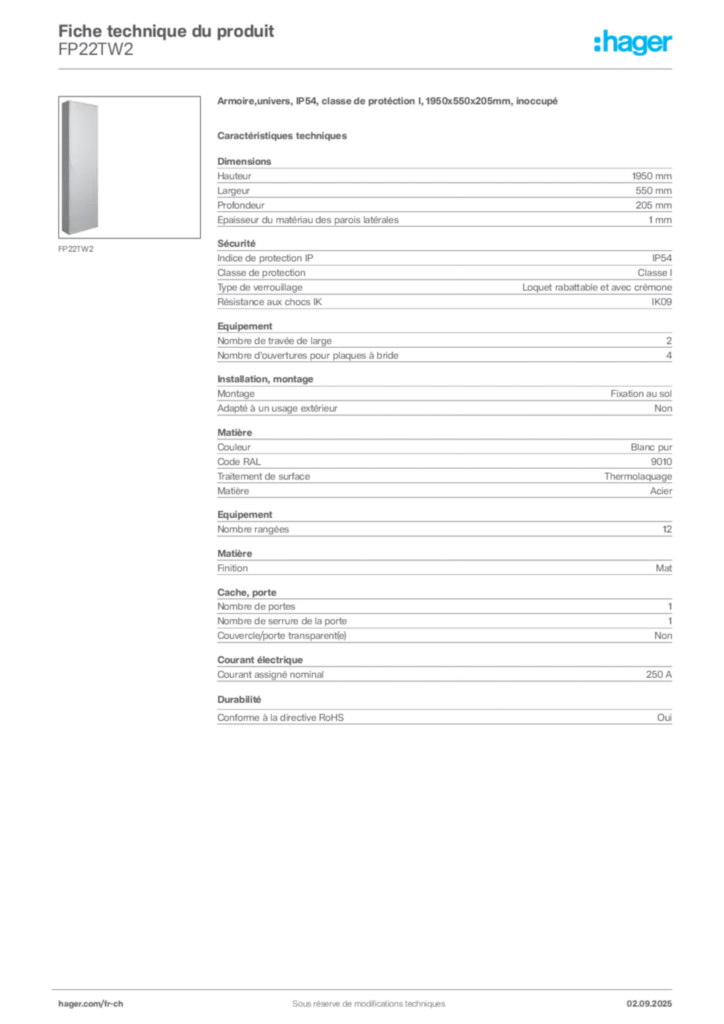 Image Hager Fiche technique du produit FP22TW2 | Hager Suisse