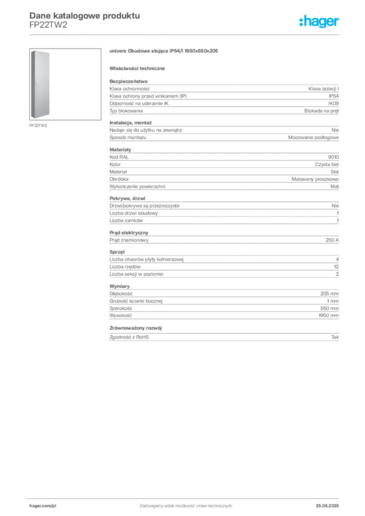 Zdjęcie Hager Karta katalogowa FP22TW2 | Hager Polska