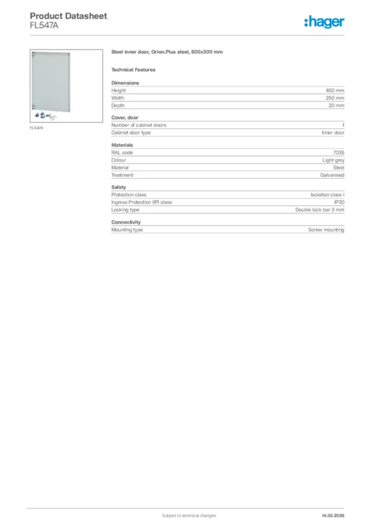 Image Hager Product data sheet FL547A  | Hager Africa