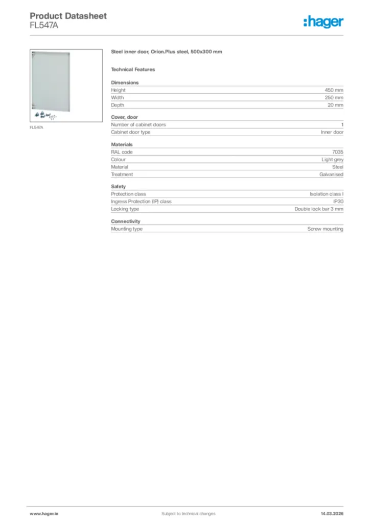 Image Hager Product data sheet FL547A  | Hager