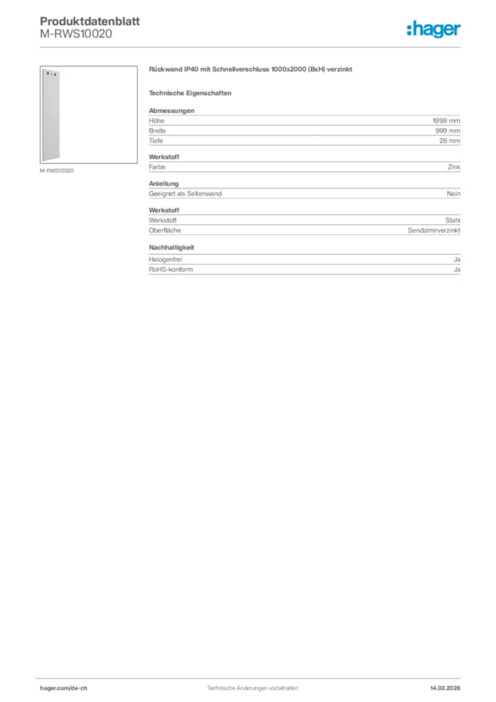 Bild Hager Produktdatenblatt M-RWS10020 | Hager Schweiz