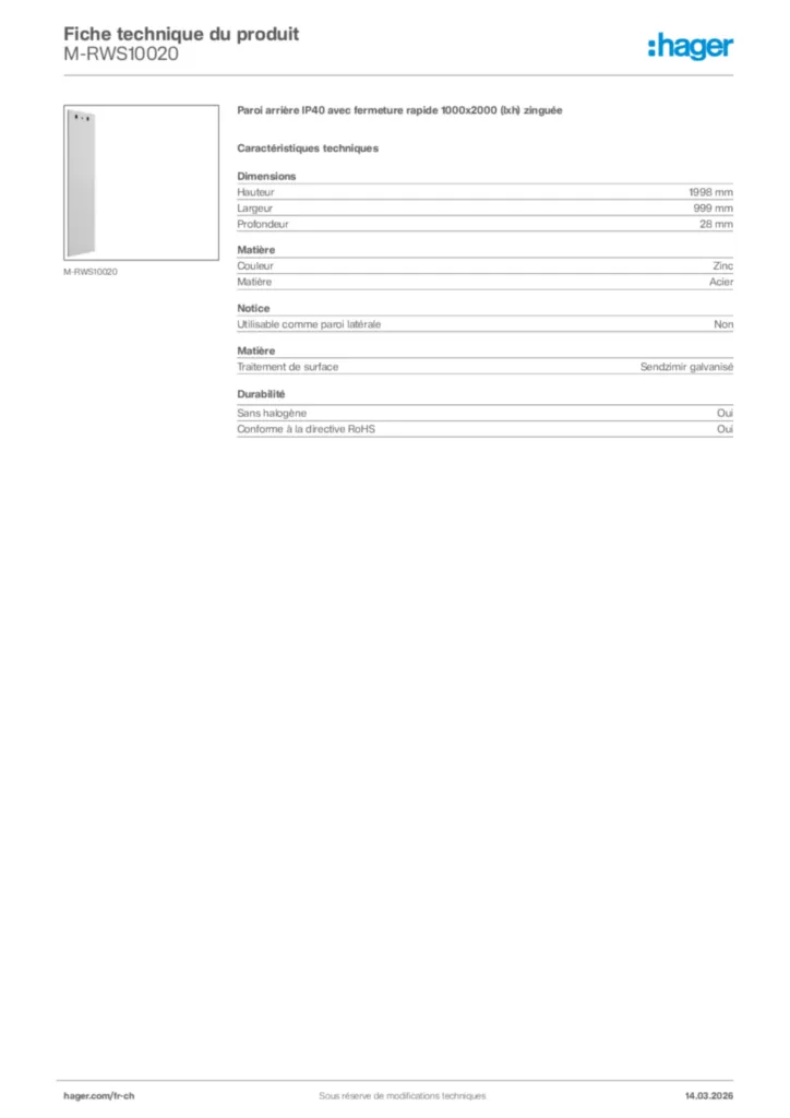 Image Hager Fiche technique du produit M-RWS10020 | Hager Suisse