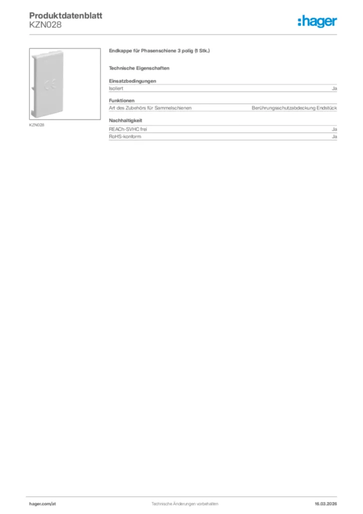 Bild Hager Produktdatenblatt KZN028 | Hager Deutschland