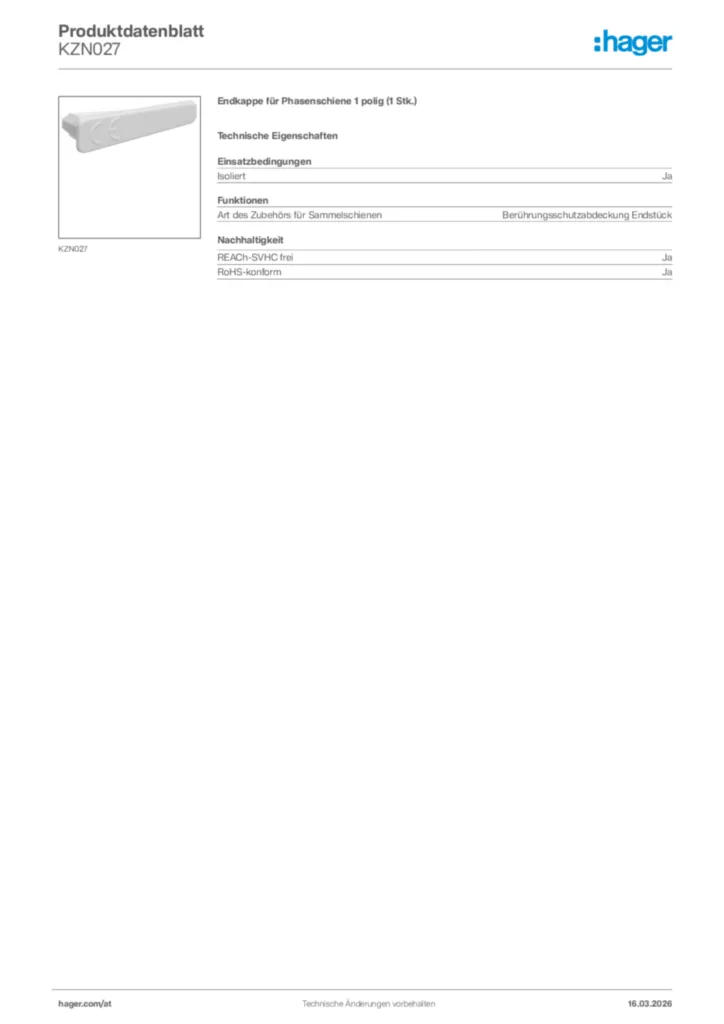 Bild Hager Produktdatenblatt KZN027 | Hager Deutschland