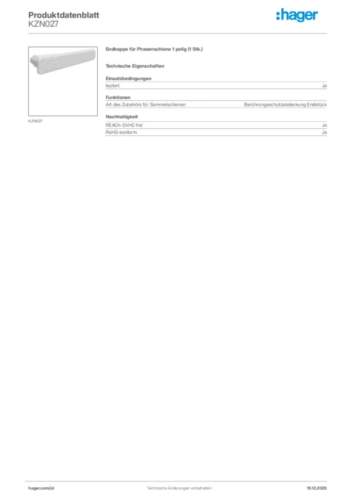 Bild Hager Produktdatenblatt KZN027 | Hager Deutschland