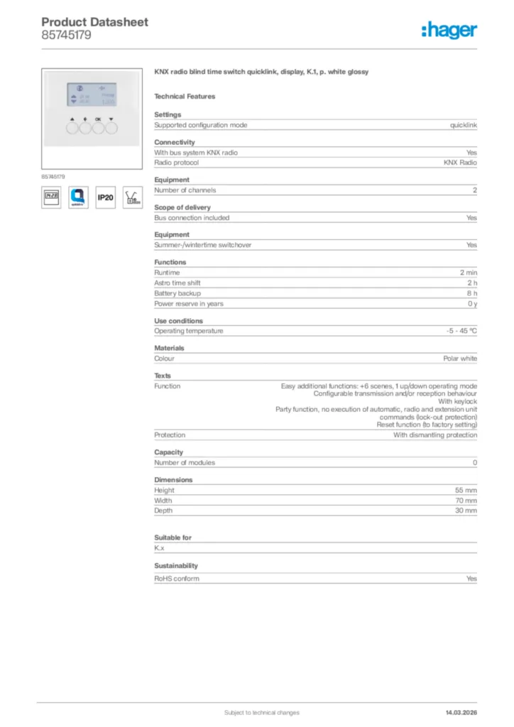 Image Hager Product data sheet 85745179  | Hager Africa