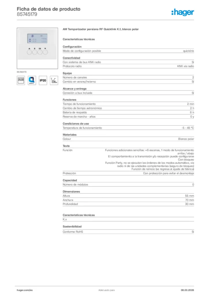Imagen Hager Ficha de datos de producto 85745179 | Hager España