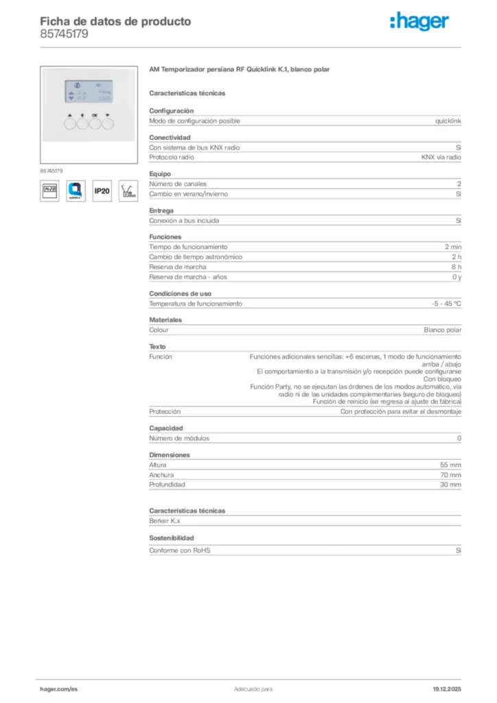 Imagen Hager Ficha de datos de producto 85745179 | Hager España