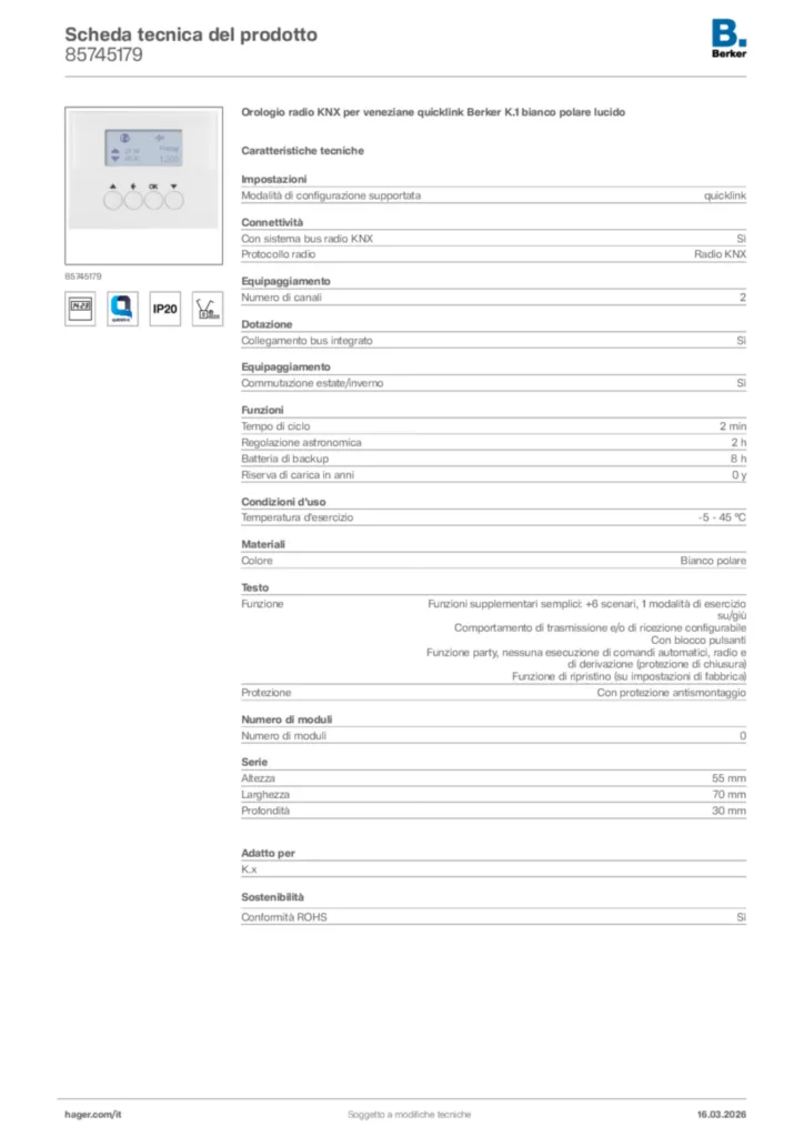 Immagine Berker Scheda tecnica del prodotto 85745179 | Hager Italia