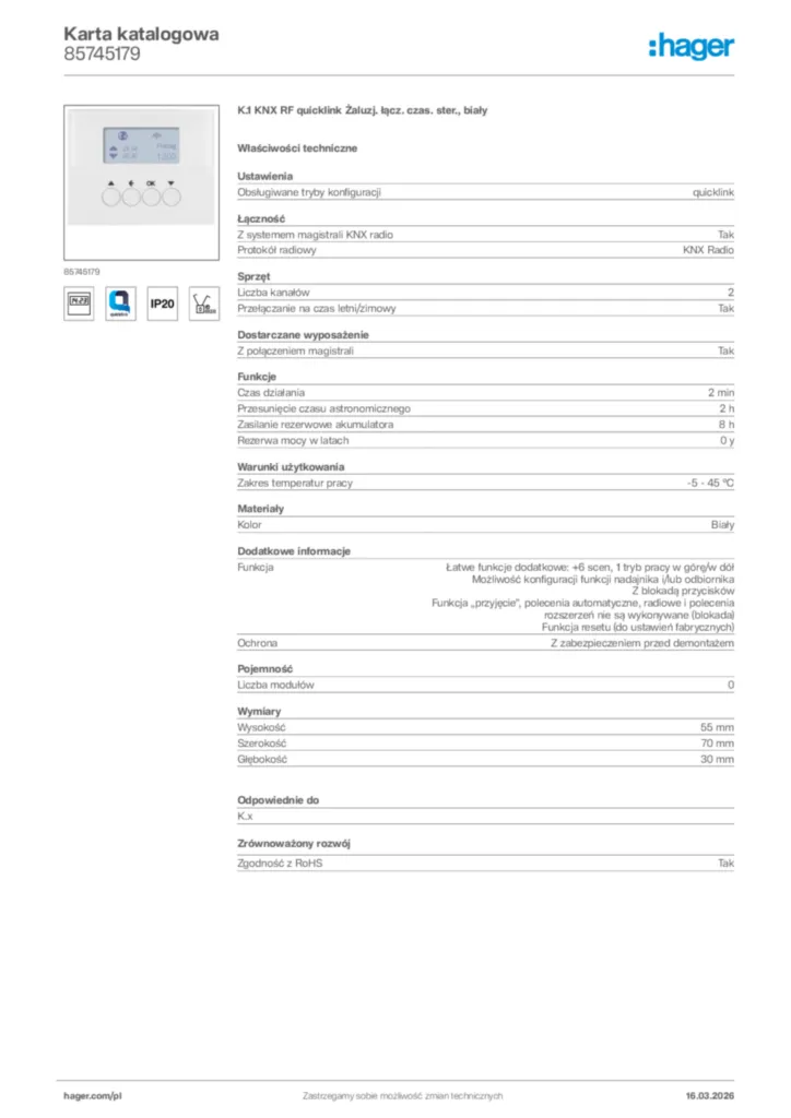 Zdjęcie Hager Karta katalogowa 85745179 | Hager Polska