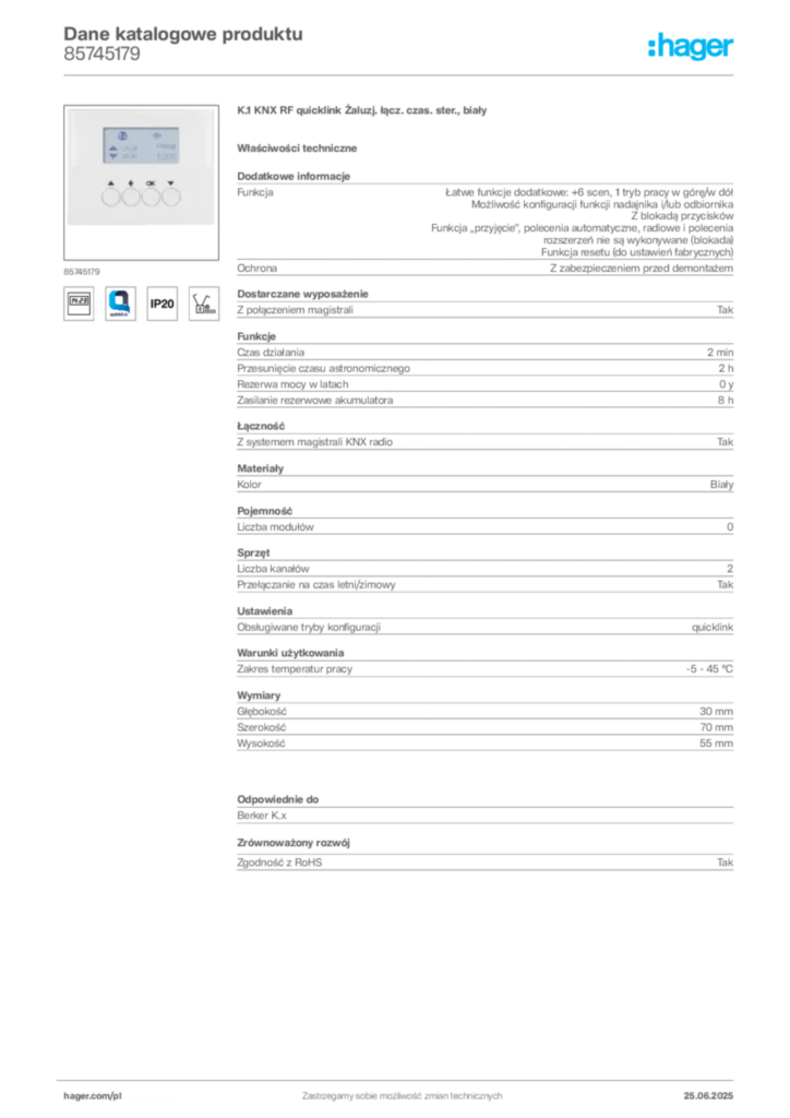 Zdjęcie Hager Karta katalogowa 85745179 | Hager Polska