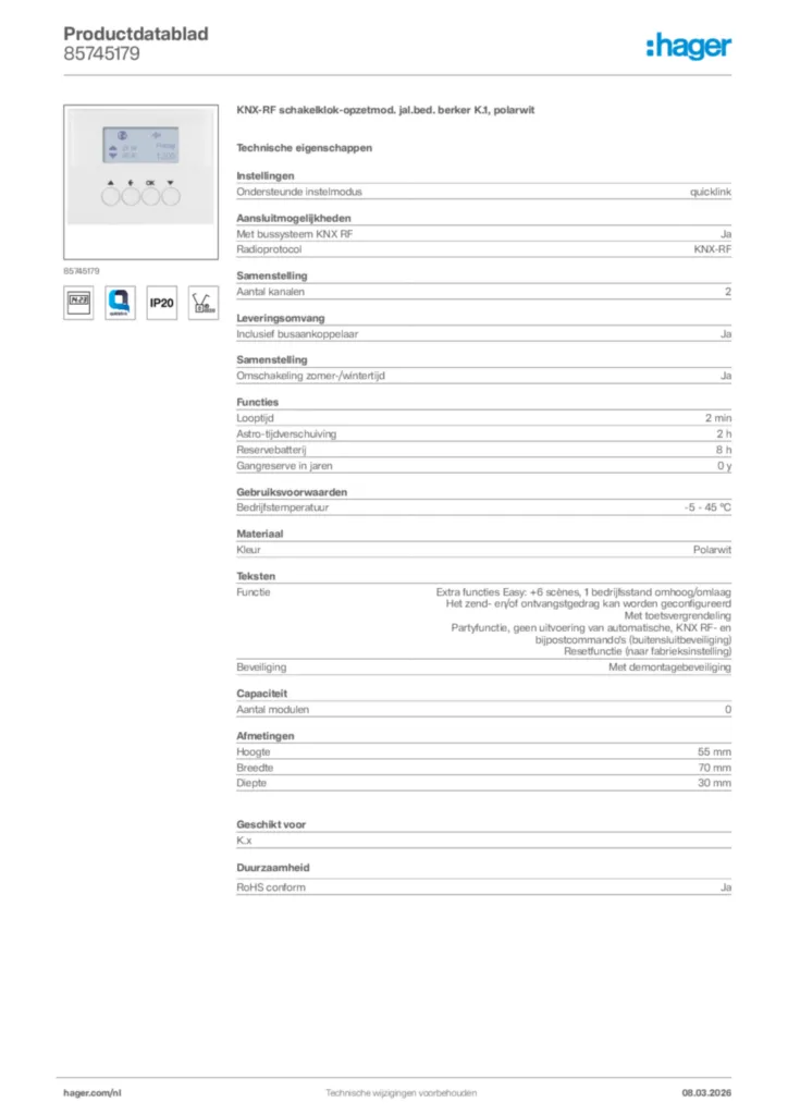 Afbeelding Hager Productdatablad 85745179 | Hager Nederland