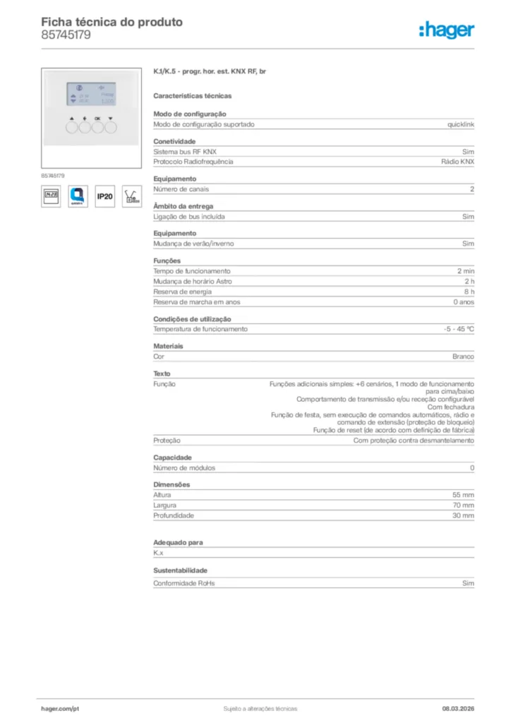 Imagem Hager Ficha técnica do produto 85745179 | Hager Portugal