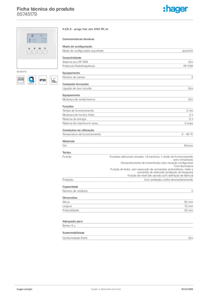 Imagem Hager Ficha técnica do produto 85745179 | Hager Portugal