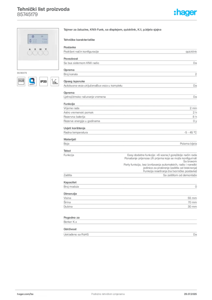 Slika Hager Product data sheet 85745179  | Hager