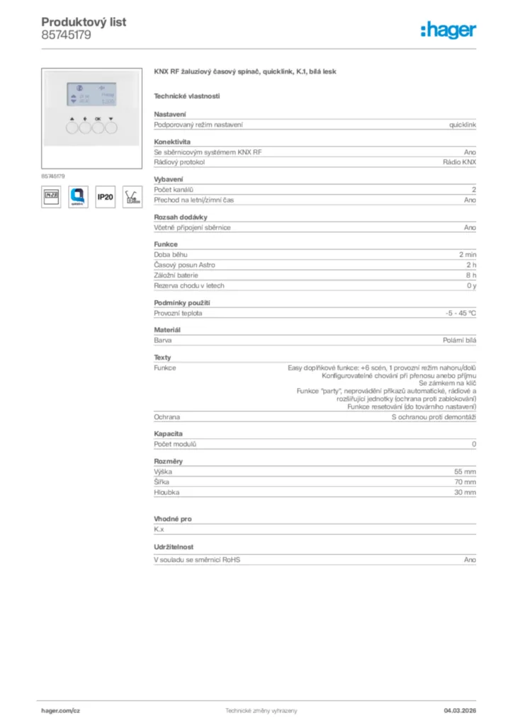 Obrázek Hager Product data sheet 85745179 | Hager