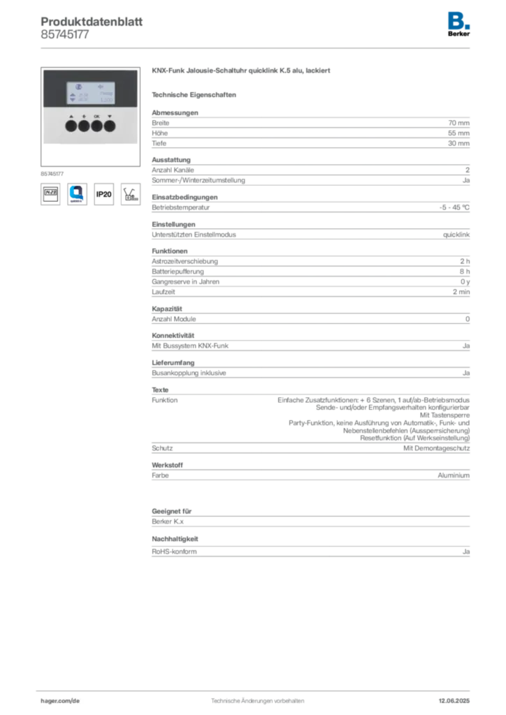 Berker Produktdatenblatt 85745177