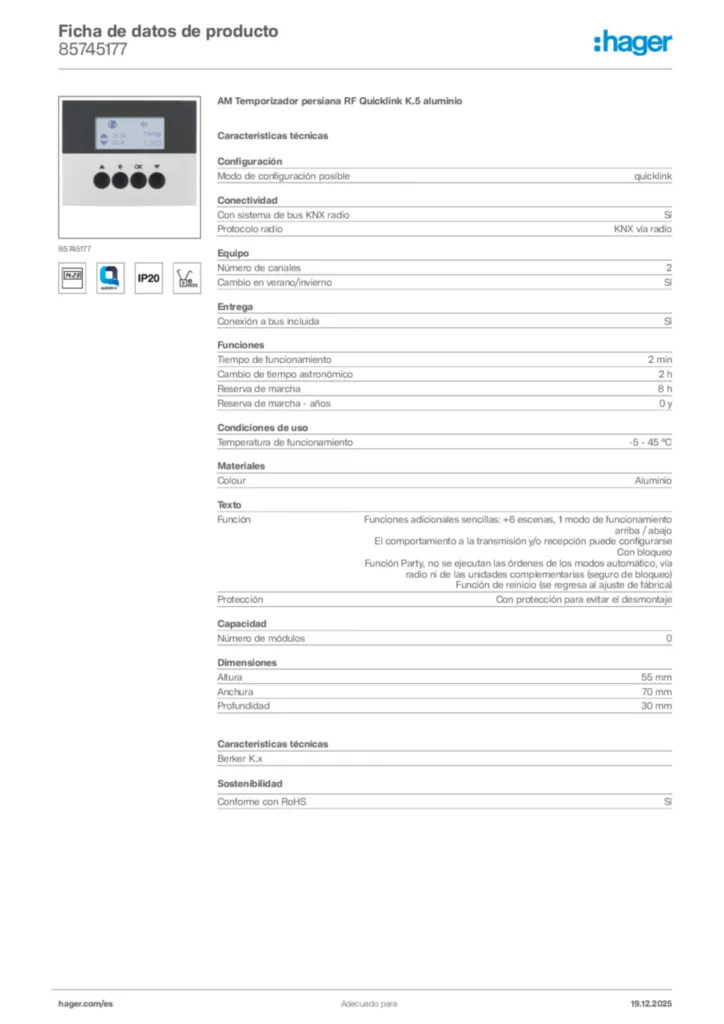 Imagen Hager Ficha de datos de producto 85745177 | Hager España