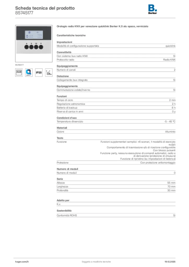 Immagine Berker Scheda tecnica del prodotto 85745177 | Hager Italia