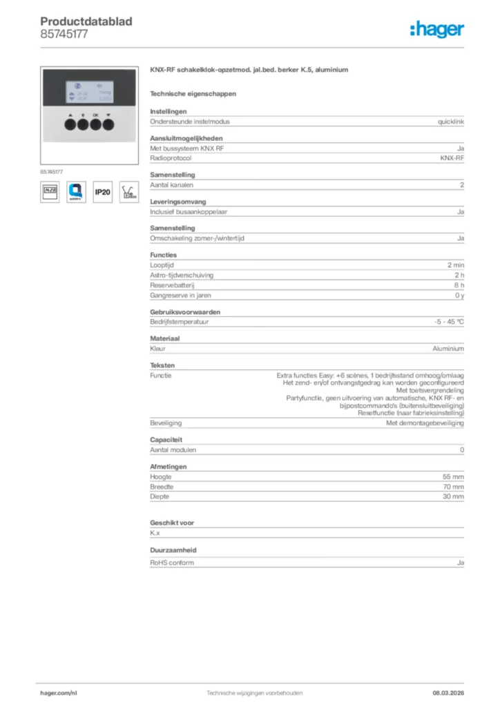 Afbeelding Hager Productdatablad 85745177 | Hager Nederland