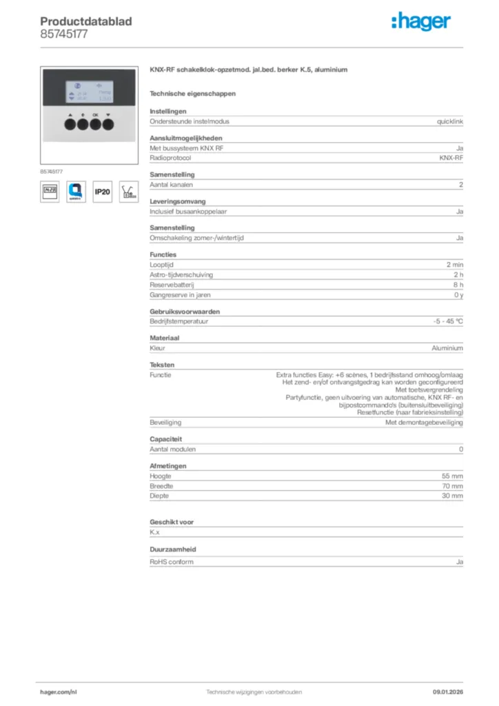 Afbeelding Hager Productdatablad 85745177 | Hager Nederland