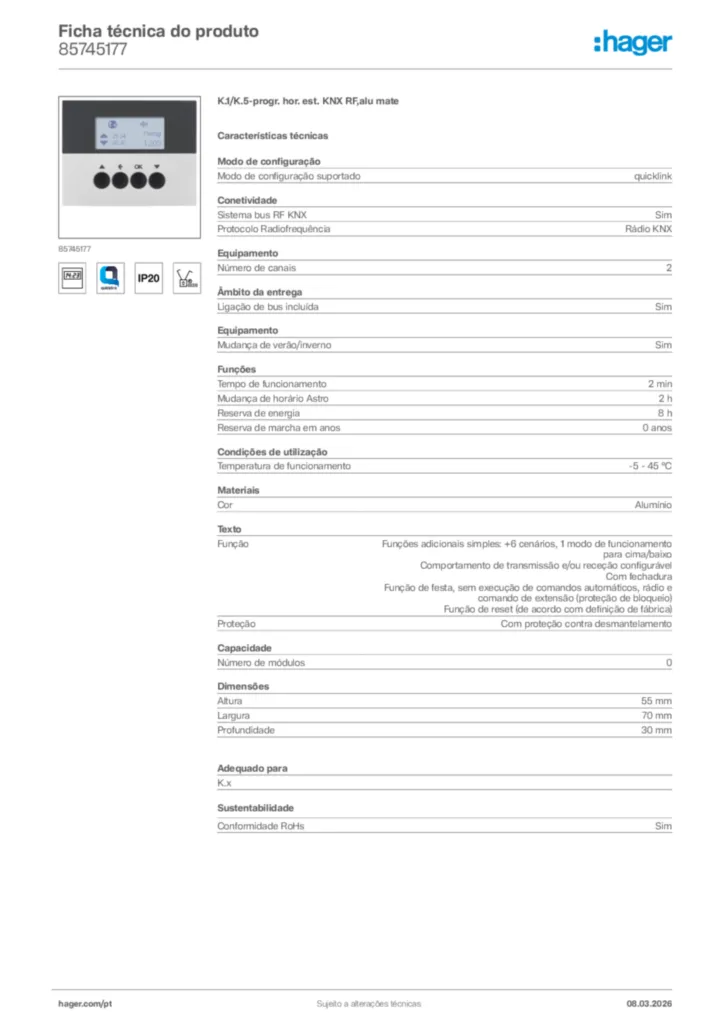 Imagem Hager Ficha técnica do produto 85745177 | Hager Portugal
